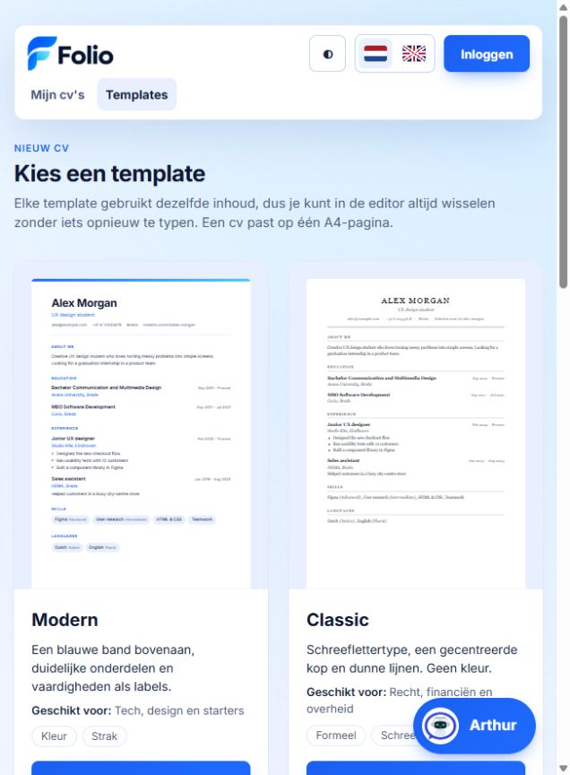 Template selection on the live Folio CV builder